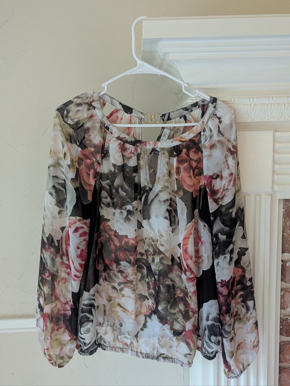 Jennifer Lopez Floral Sheer Peasant Blouse - Black, Pink, Cream